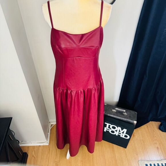 Avec Les Filles Faux-Ever Leather‎ Midi Dress, Red, Large 12/14, NWT - Picture 1 of 16